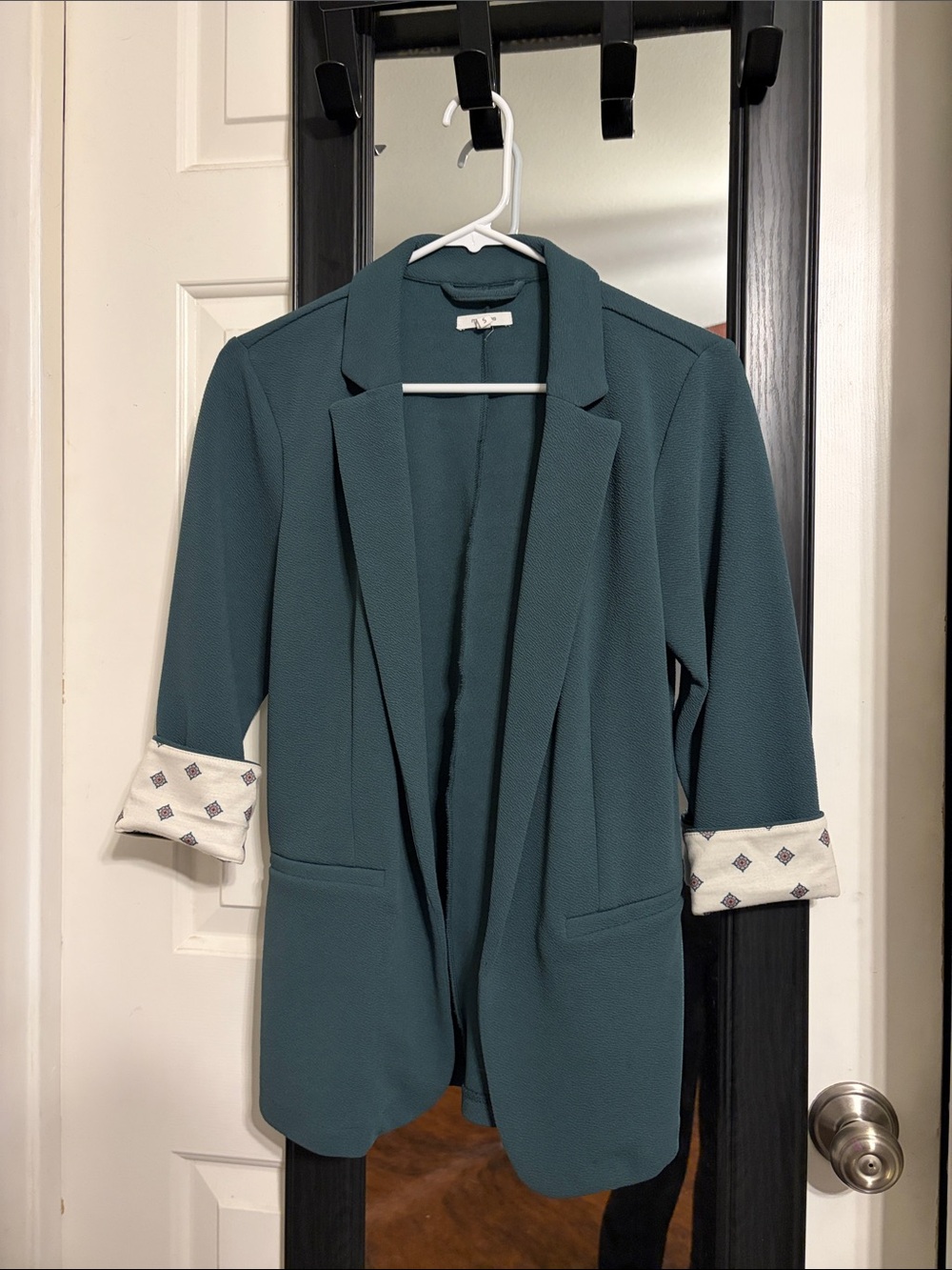 Open-Front Teal Blazer Jacket with Turnback Cuffs